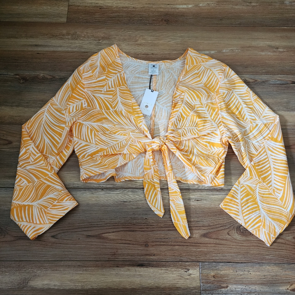 Shade & Shore Beach Cover Up Top Womens L Orange Floral Linen NEW
